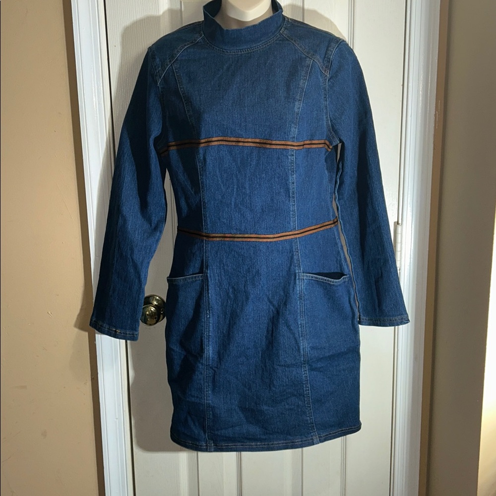 Retro Elegant Artistic Blue Denim Jean Mini Dress - Picture 2 of 7
